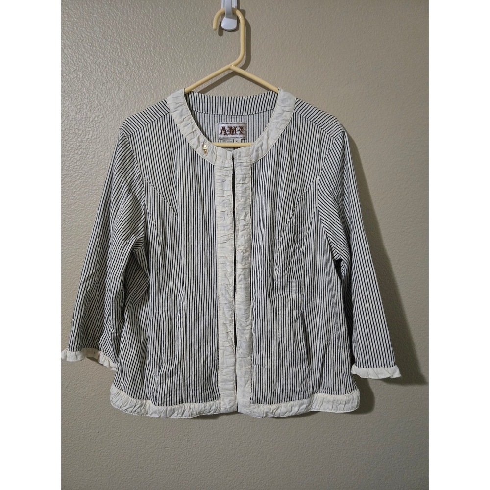 A.M.X Womens Striped Ruffle Trim Blazer Jacket Navy White Horse Pin Size XL